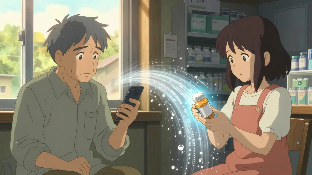 Grandfather without a phone and granddaughter scanning a QR code, connected by a stream of digital safety updates.