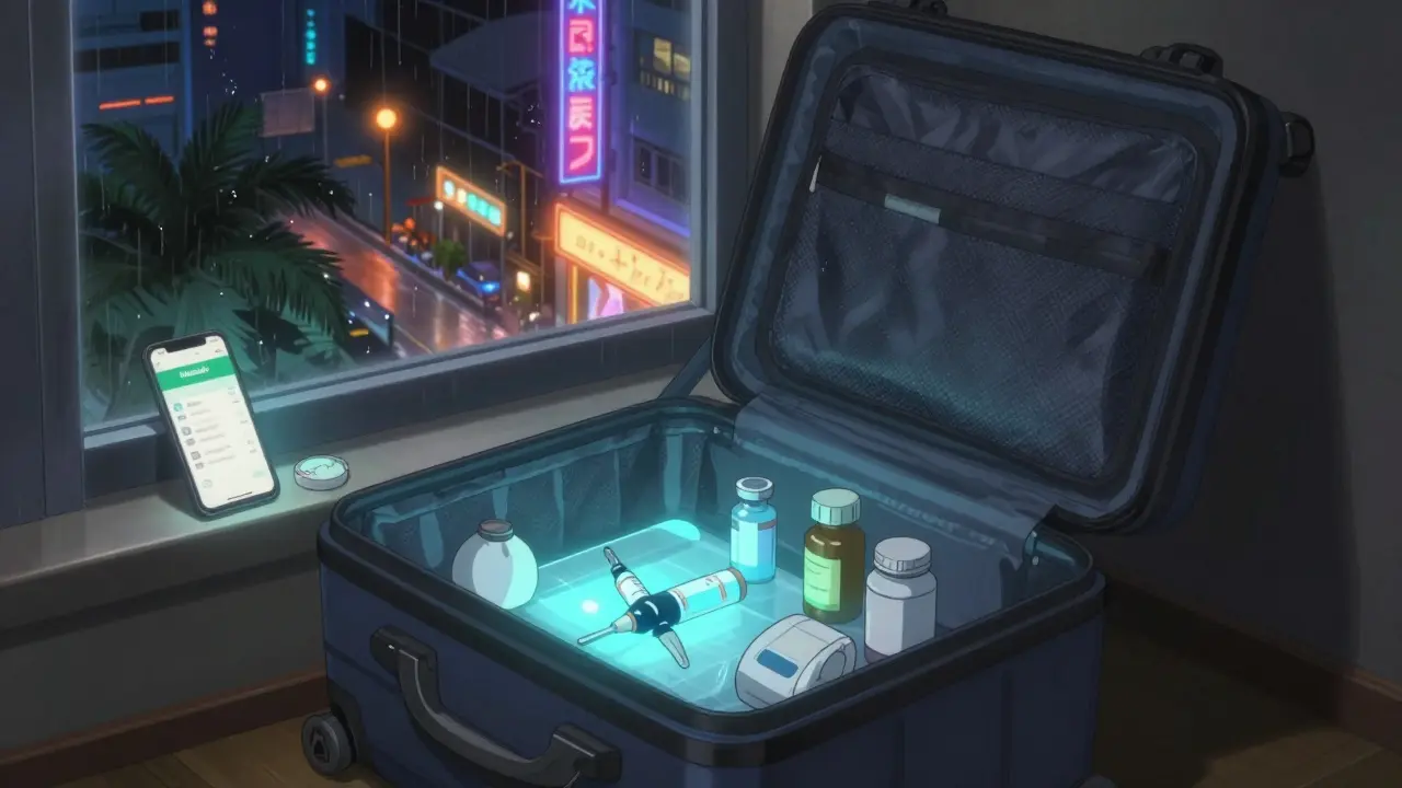 Insulin cooler glowing in hotel room, pill bottles arranged neatly, heat waves outside window, smartphone showing medication app.