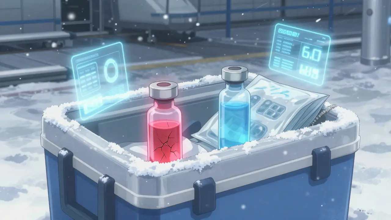 Insulin vials in a cooler, one freezing under icy conditions while another remains protected.