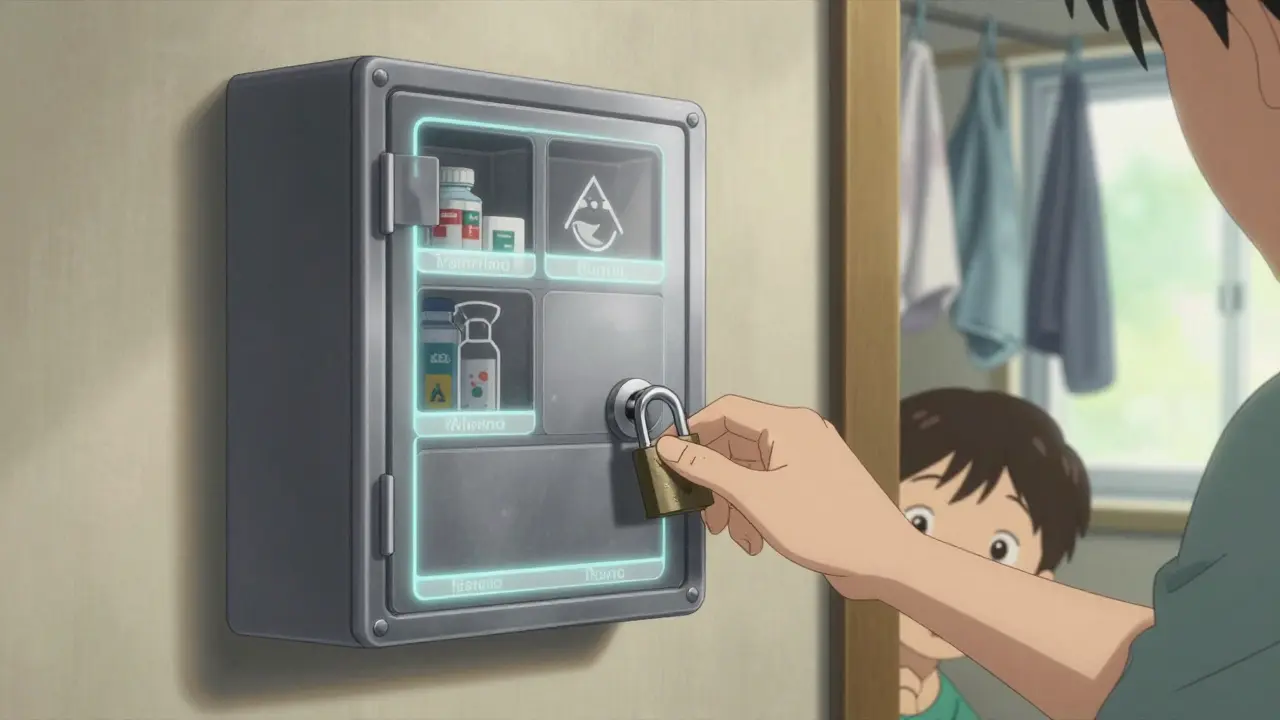 Locked medication storage box on a wall with separate compartments for human and pet drugs, safe and organized.