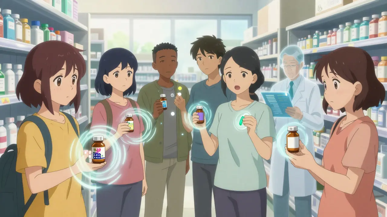 Patients in a pharmacy holding brand and generic pills with energy waves proving equivalence.