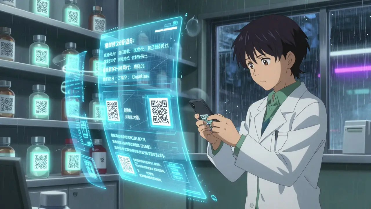 Pharmacist scanning a drug label as real-time safety data spirals around them in digital form.