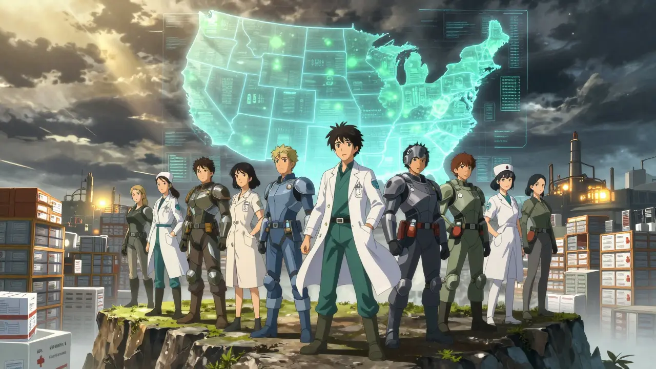 Pharmacists and nurses united before a warehouse of emergency generic drug stockpiles.