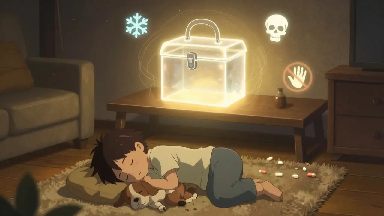 Protective glowing lockbox above a shelf as child and pet sleep peacefully, symbolizing safety.