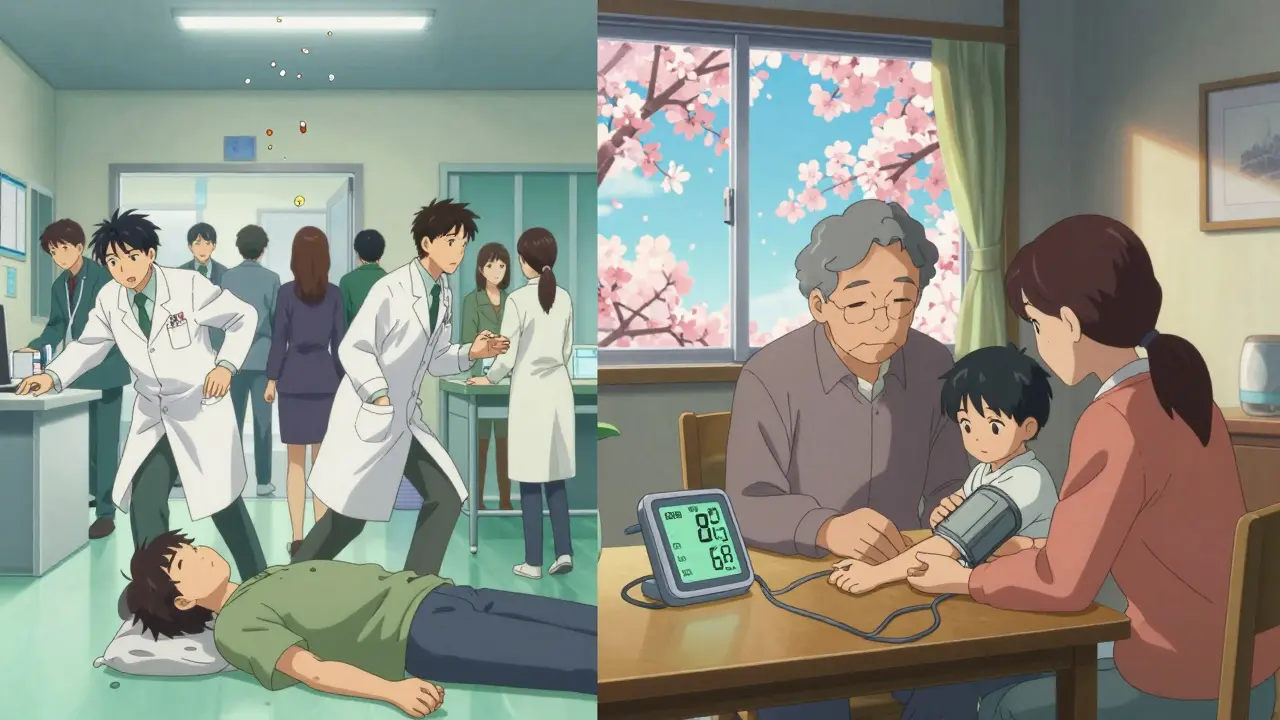 Split scene: chaotic U.S. clinic vs. peaceful Japanese home with daily blood pressure monitoring.