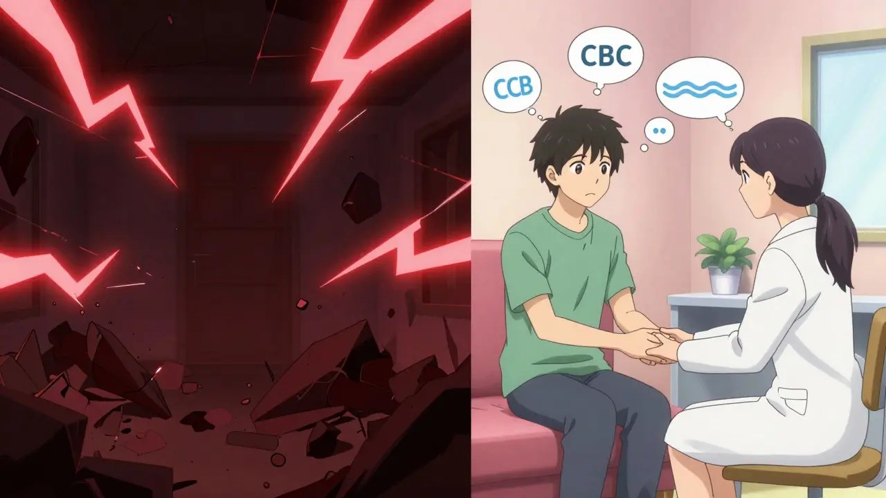 Split scene: chaotic withdrawal on left, calm therapy session on right with support figures.