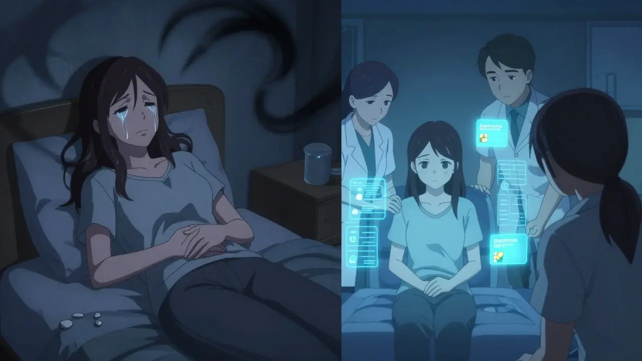 Split scene: woman overwhelmed by depression shadows vs. supported by medical team with safe medication data glowing around her.
