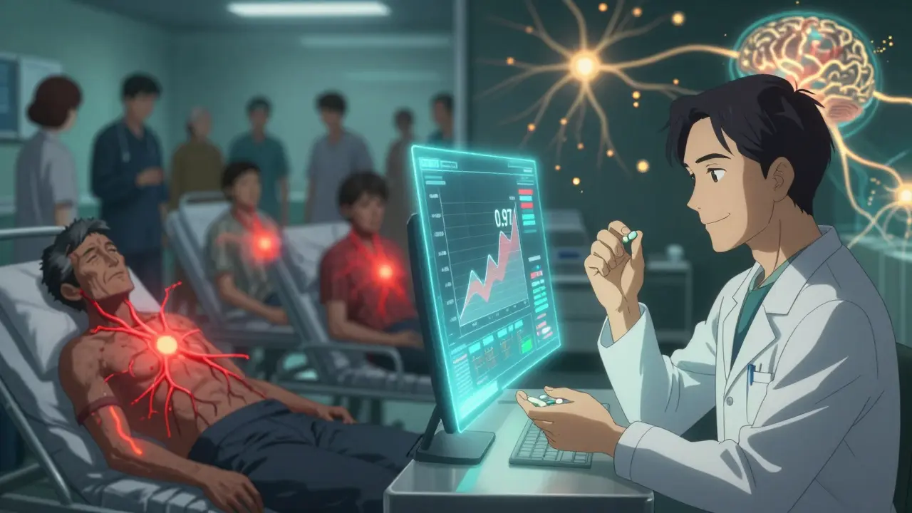 Split-screen: heart attack victims on one side, a neurologist reviews data showing statins don't worsen ALS on the other.