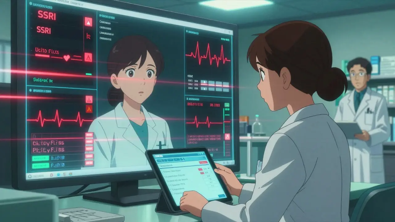 Technician views overlapping prescriptions on a clinical viewer with pulsing red warning flags.