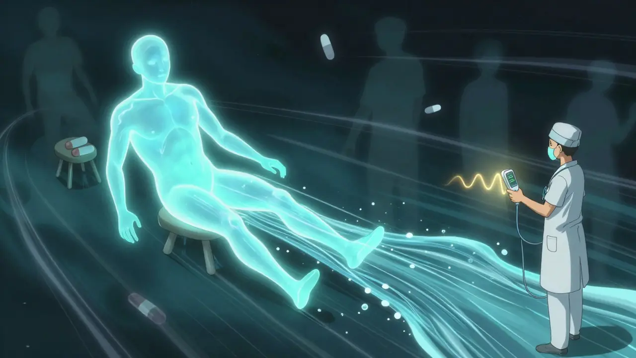 Translucent colon with flowing stool, water, and fiber transforming constipation into relief.