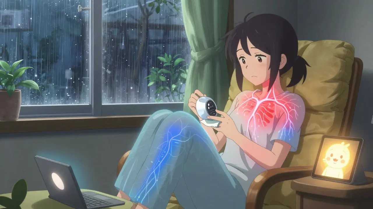 Woman pacing chores with timer, resting peacefully as neural pain signals fade around her.