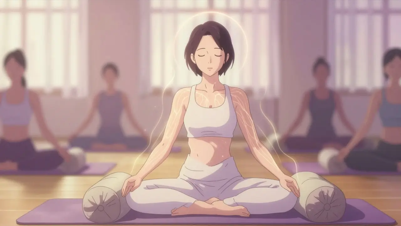 Woman practicing gentle yoga in a peaceful studio, bathed in warm golden light with calming energy lines.