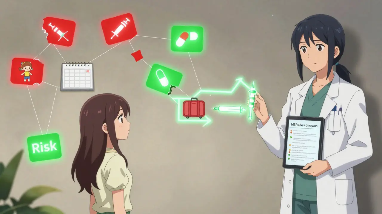 Woman with MS visualizing treatment options tied to her life priorities, now aligned into a single chosen path.