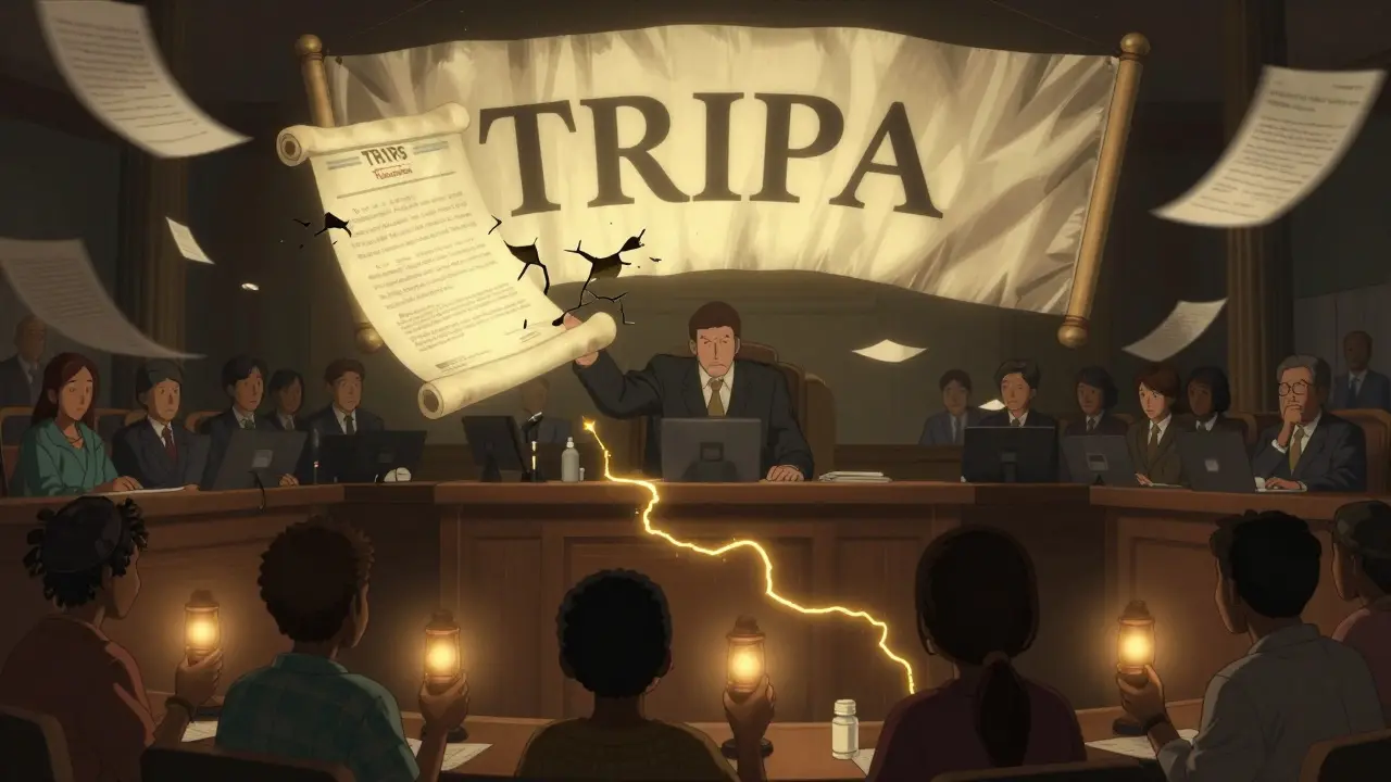 WTO delegates surround a cracking TRIPS agreement, while patients in clinics hold empty bottles under a glowing Doha Declaration.