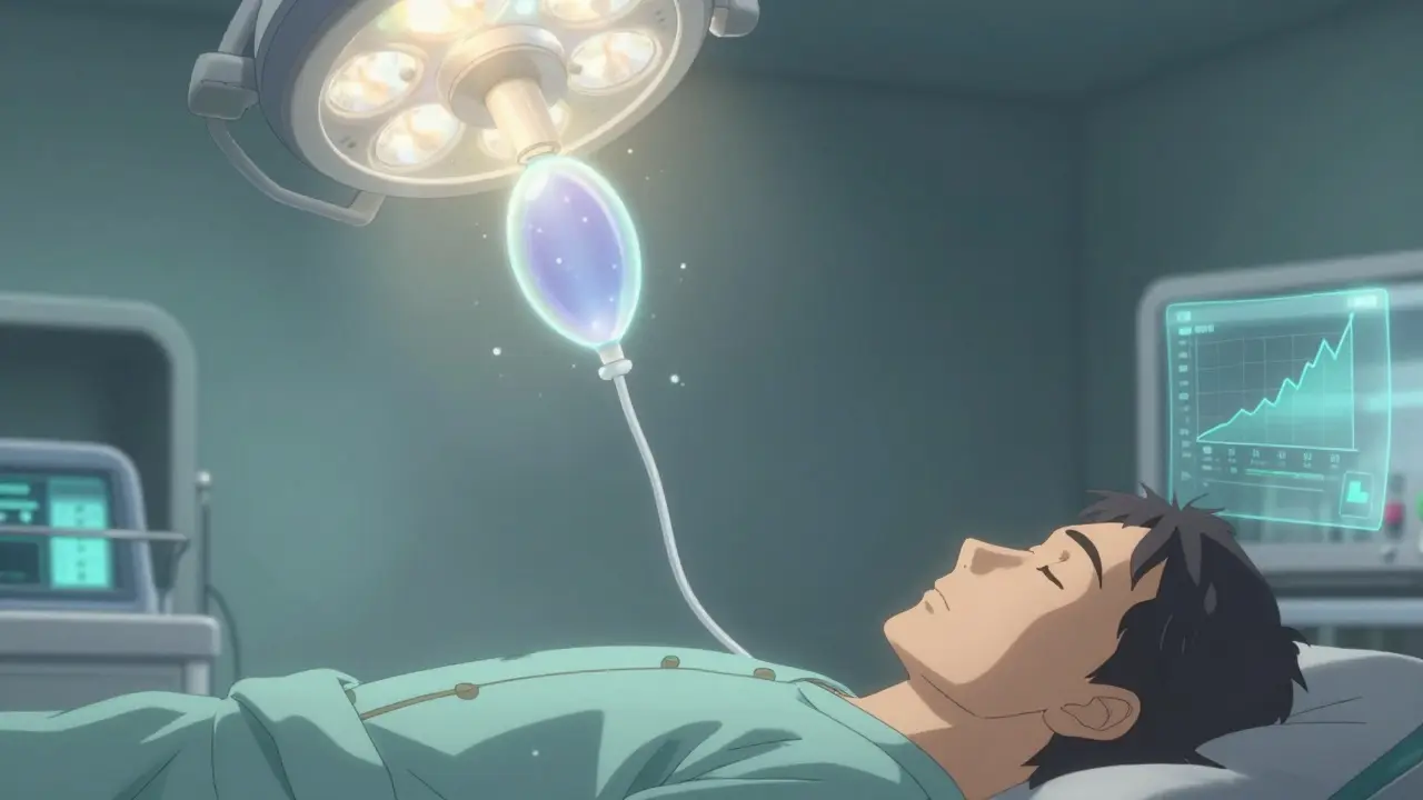 A balloon catheter inflating inside an Eustachian tube during a medical procedure.