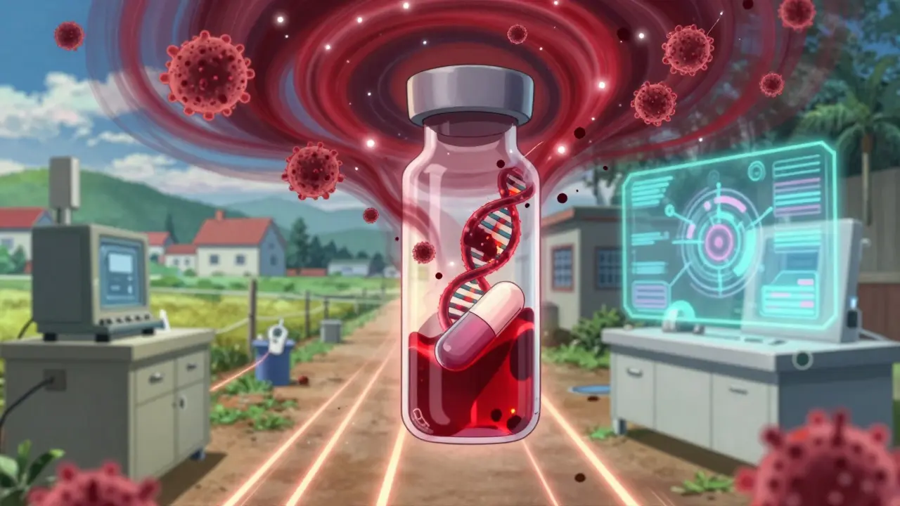 A liquid biopsy vial transforms into tumor DNA forming a path to a drug capsule, with contrasting clinic backgrounds.