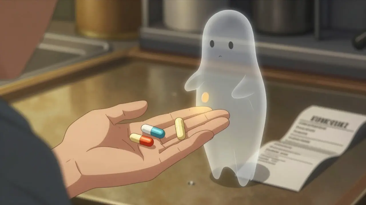 A patient holding three separate pills beside a faint ghostly combo pill in a kitchen.