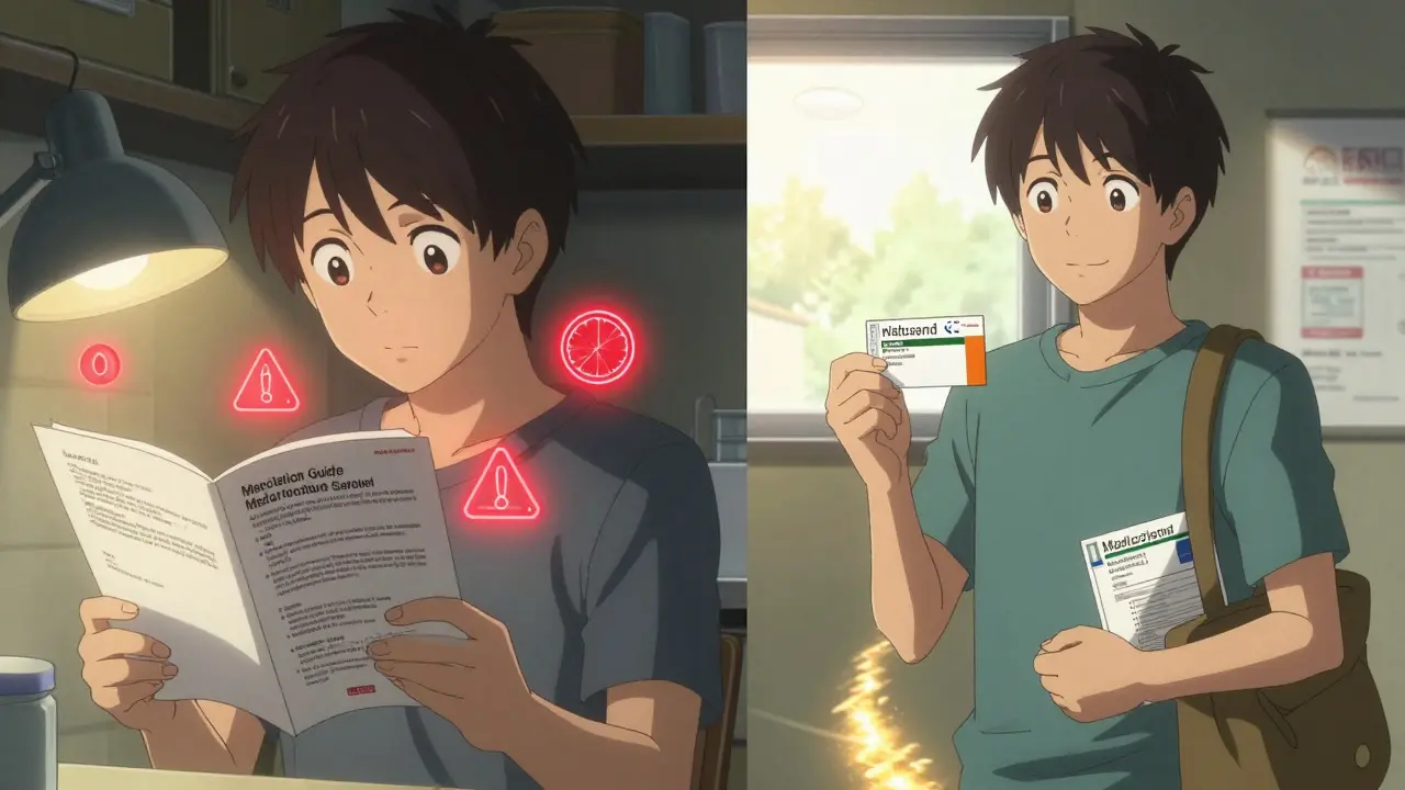 A patient reads a Medication Guide at home as glowing warnings appear, then later smiles with the guide safely kept.