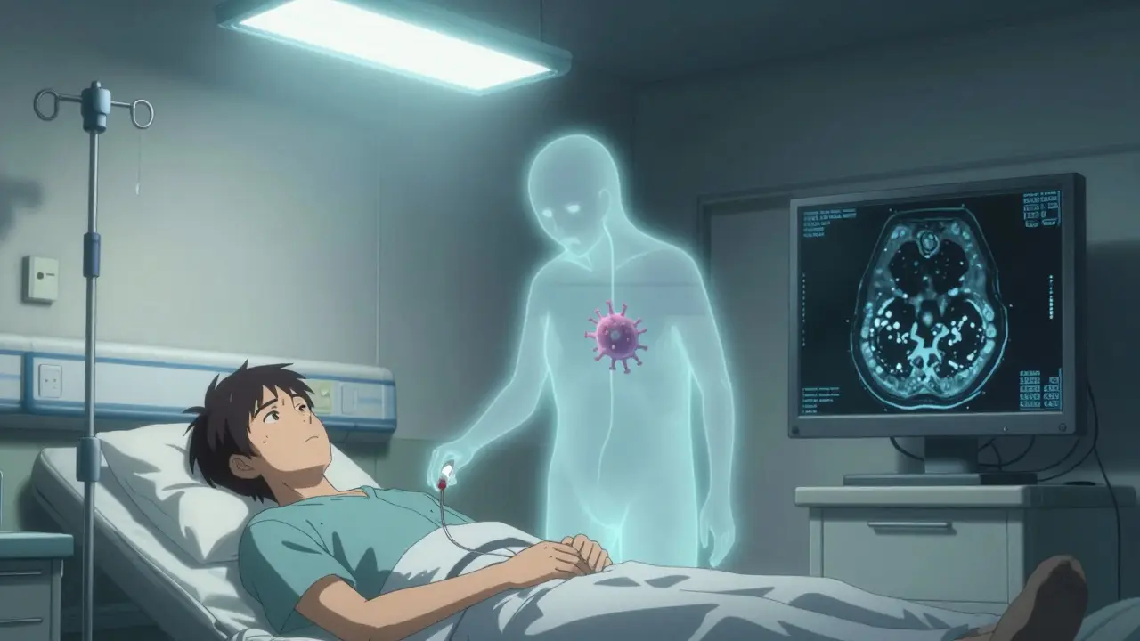 A patient receiving IV steroids in a hospital, with ghostly symbols of infection and fever nearby, highlighting unnecessary treatment for a pseudorelapse.