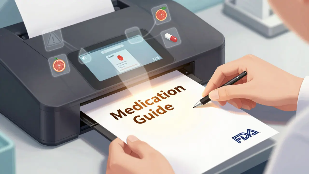 A pharmacist prints a Medication Guide on demand, with digital and paper versions glowing softly in the background.