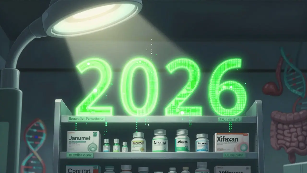 A pharmacy shelf with neon generics appearing as branded pills fade, digital '2026' floating above.