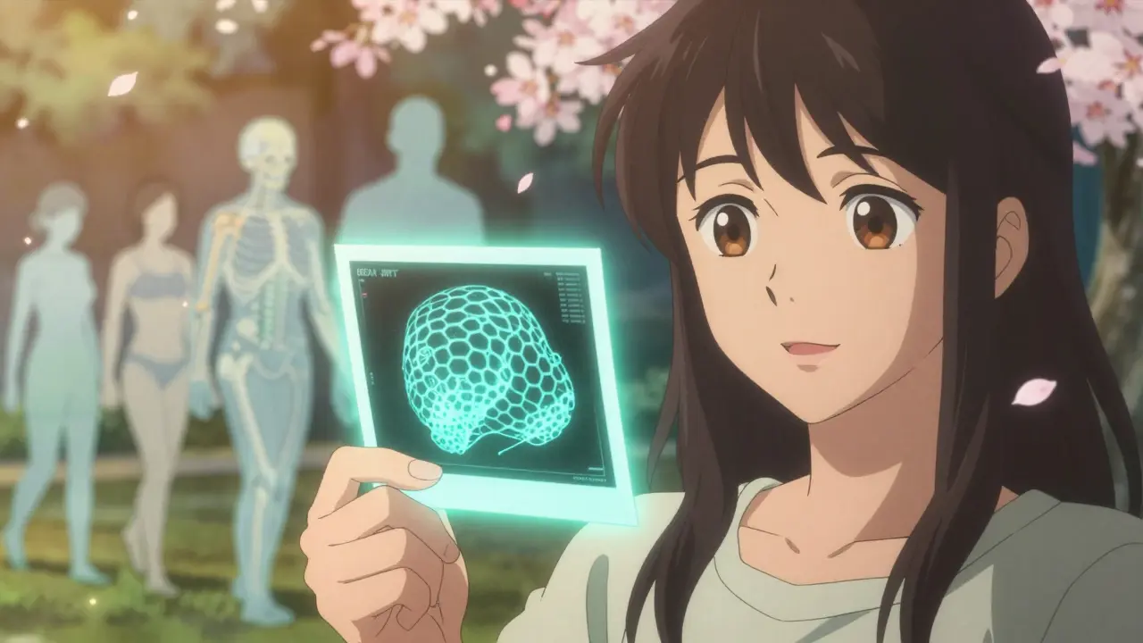 A woman holds a DEXA result card with animated bone structure improving as she makes healthy lifestyle changes.