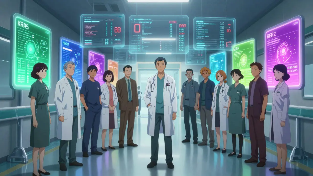 Diverse patients illuminated by colored auras representing their cancer biomarkers, surrounded by floating diagnostic data.