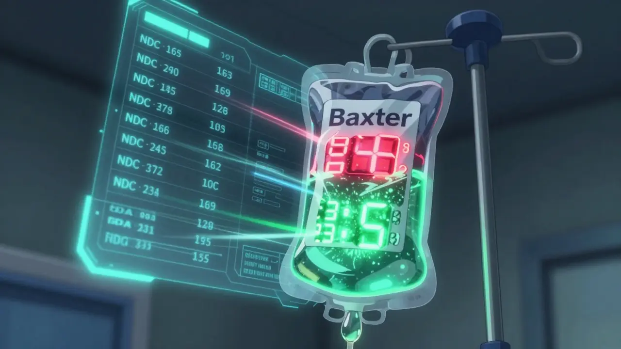 Glowing IV bag with transformed expiration date, surrounded by floating FDA data codes.