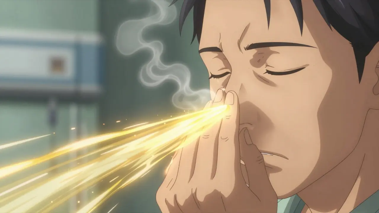 Hand performing the Valsalva maneuver with golden air pulsing through the ear tube.