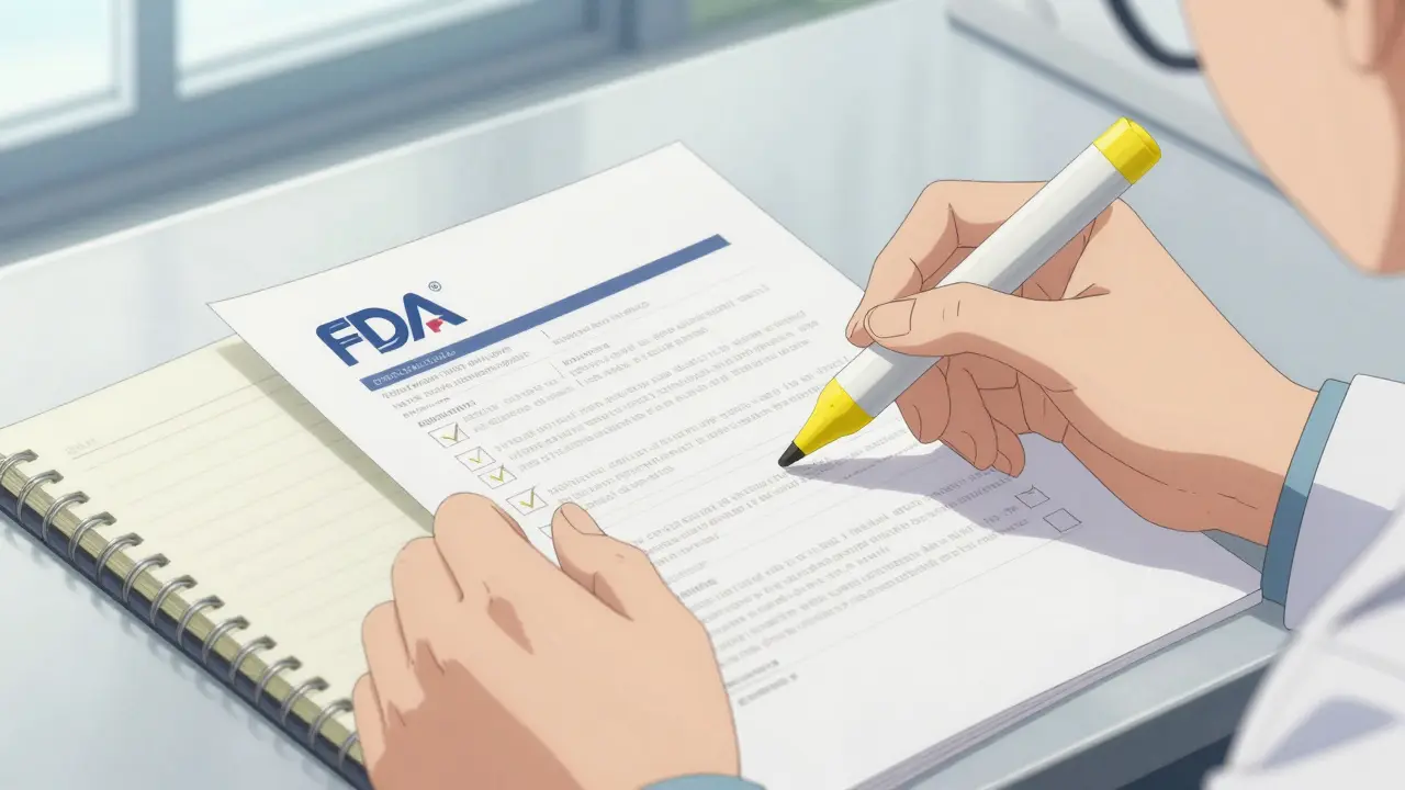 Hands highlighting FDA document and checking notes for appointment