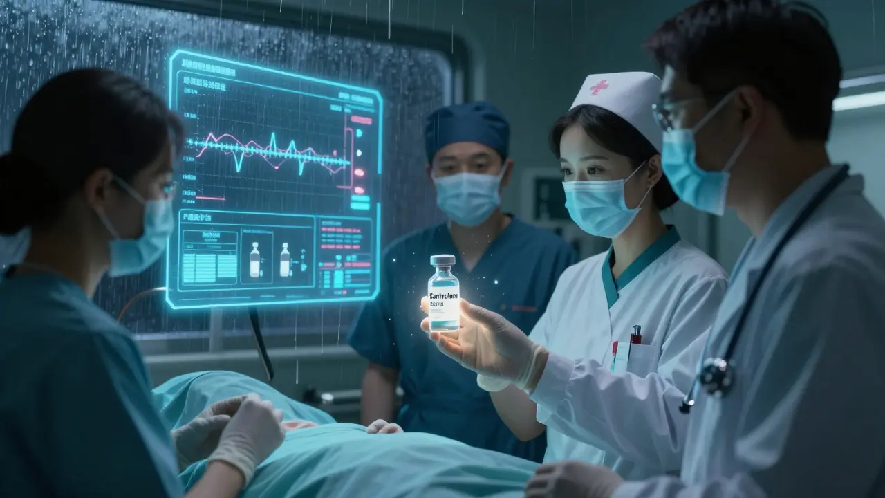 Nurse administering drug with extended expiration date, backed by holographic shortage timeline.
