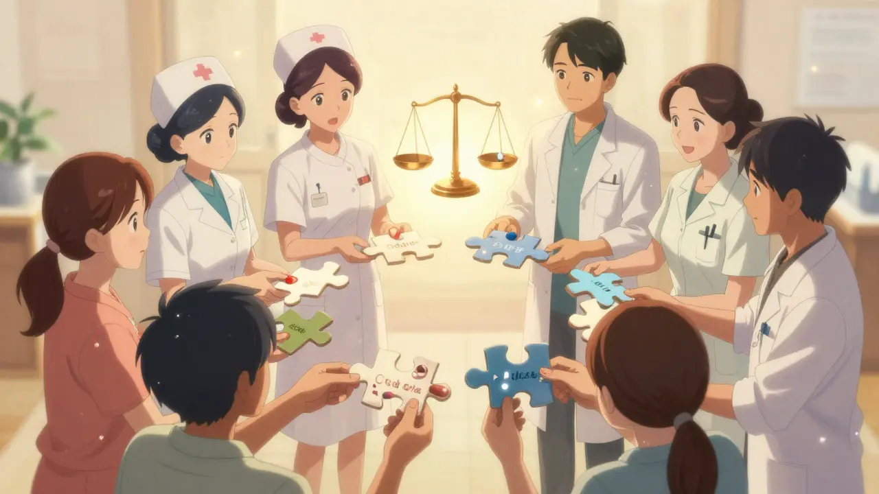 Patients and clinicians working together to piece together a puzzle representing safe medication management.