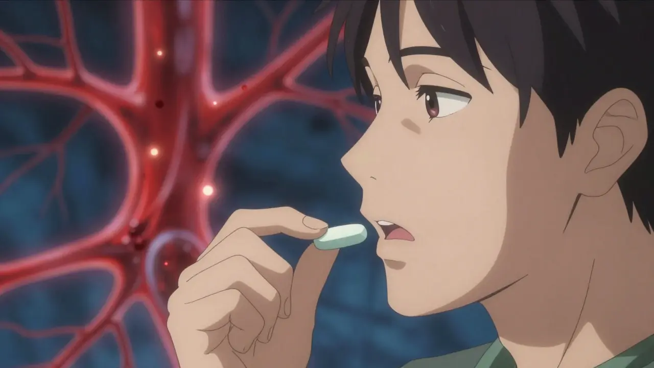 Person taking generic pill with abstract glowing particles in bloodstream