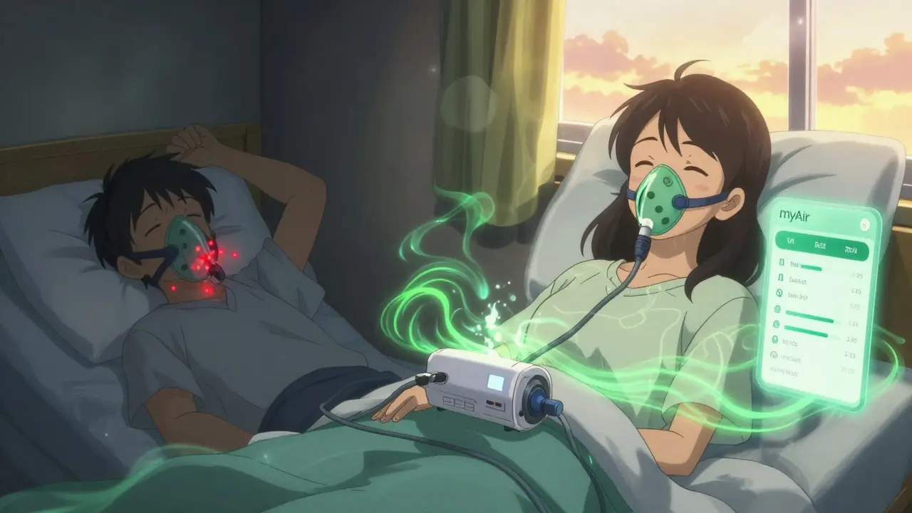 Split scene: left shows CPAP frustration with red leaks, right shows peaceful sleep with golden health energy pulsing from the machine.