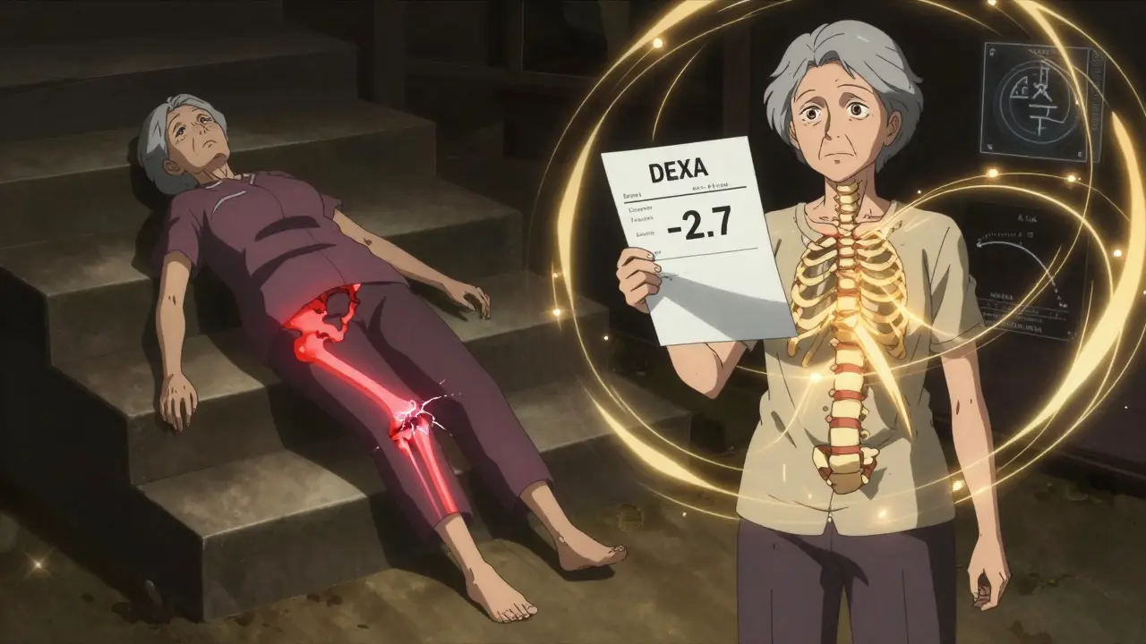 Split scene: one side shows a bone fracture from a fall, the other shows a DEXA report with risk factors.