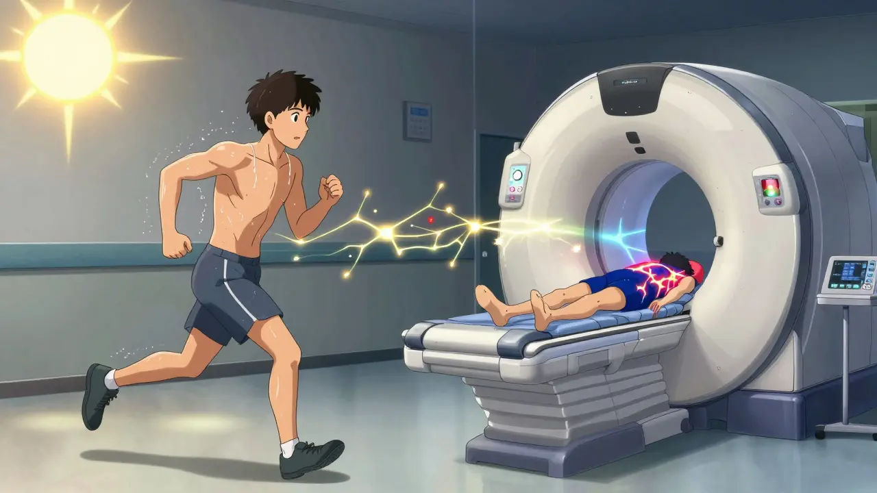 Split scene: one side shows heat-triggered symptom flare, the other shows new MRI lesions, contrasting pseudorelapse with true MS relapse.