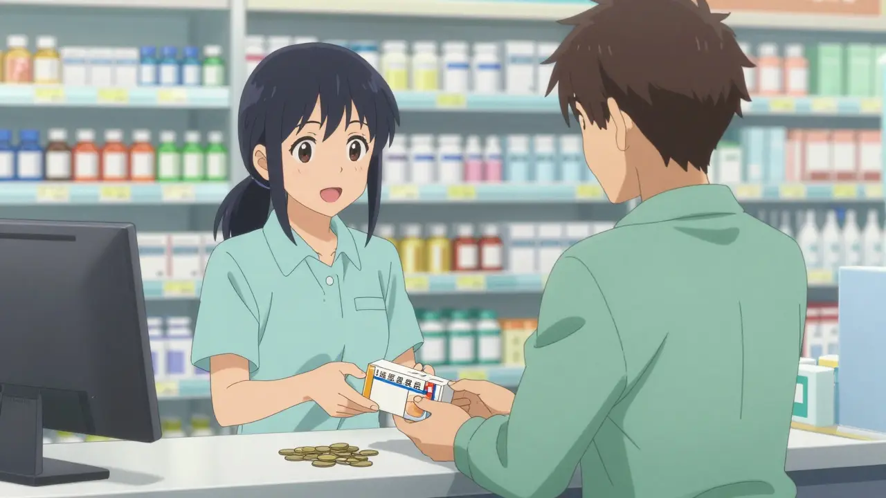 Young adult receiving generic medication at pharmacy with coins