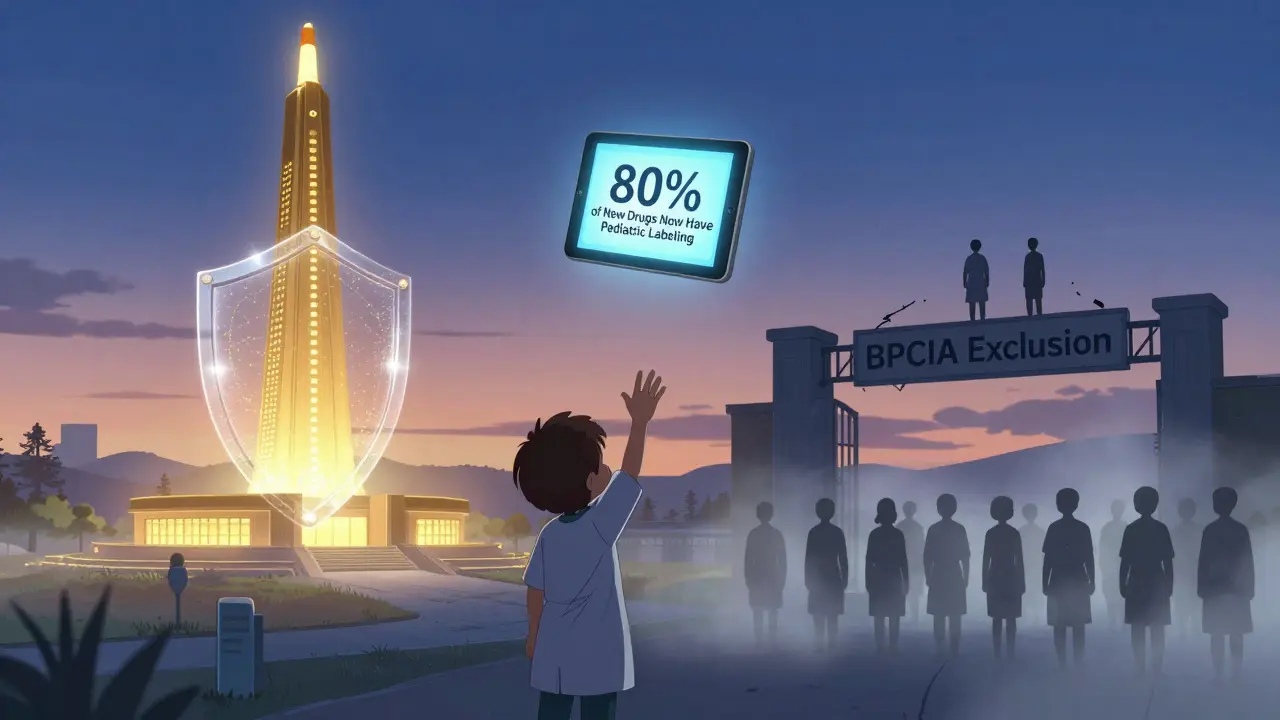 A branded drug shines under a six-month shield while generics wait behind a gate, with a child’s hand reaching toward pediatric labeling data.