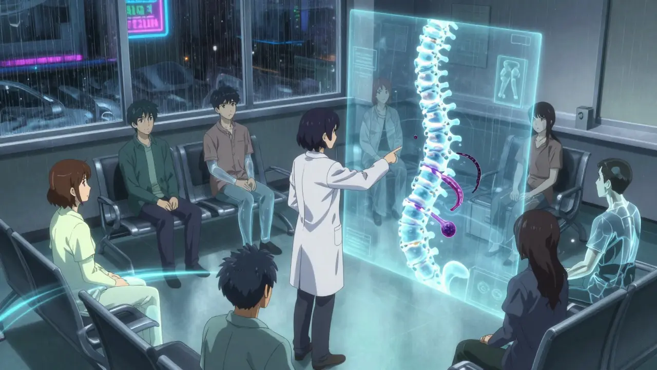 A clinic scene with patients whose bone density is visually represented as glowing overlays, watched over by a doctor and a holographic bone repair system.