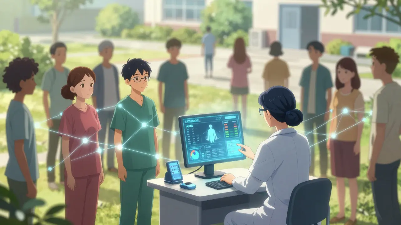 A clinician using a holographic monitor to track patient health metrics during LAI follow-up care.