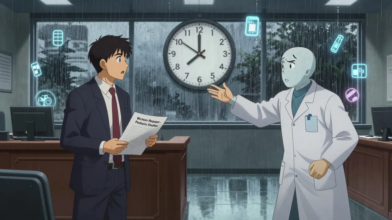 A corporate executive faces off against a generic manufacturer as a countdown clock ticks down pediatric exclusivity in a futuristic FDA chamber.