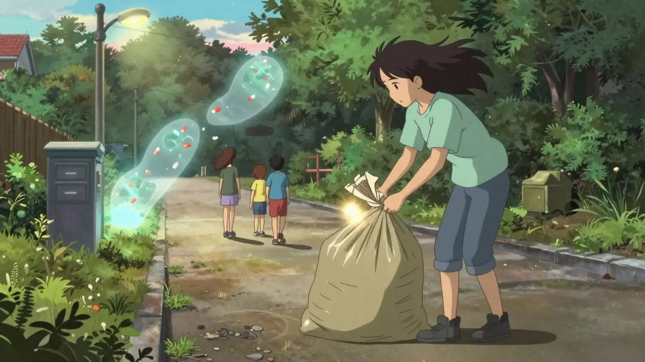 A family placing a sealed medication bag in the trash bin at dawn near a distant take-back drop box.