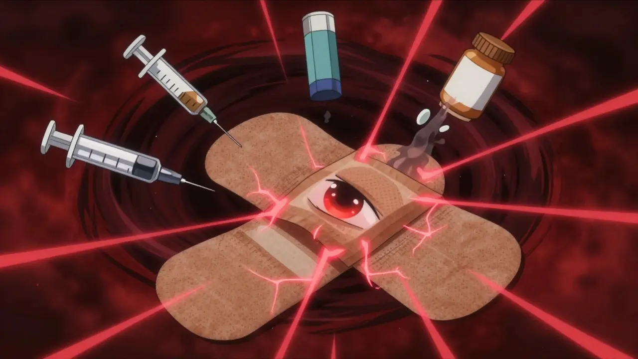 A fentanyl patch being folded safely, surrounded by dissolving medical items in a dark vortex.