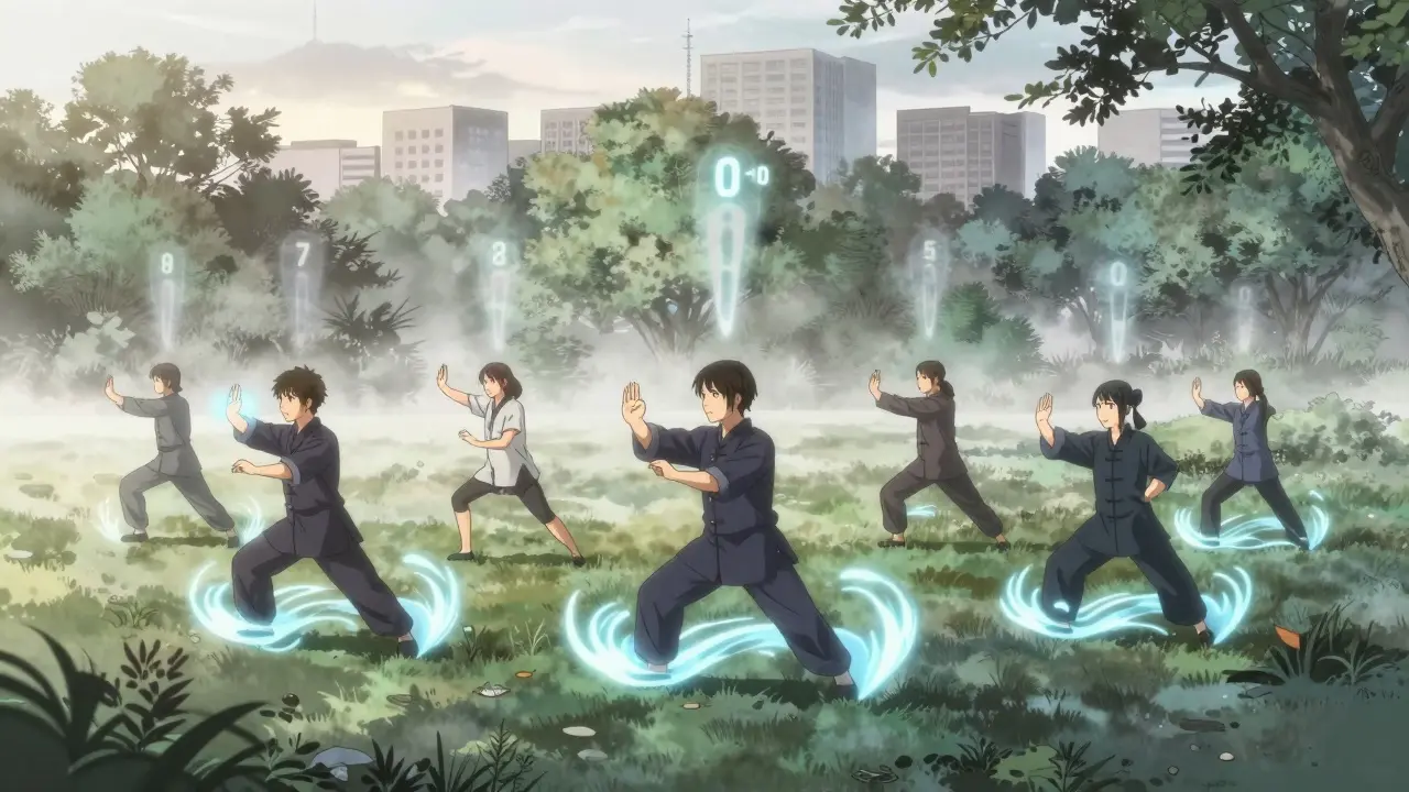 A group practicing tai chi at dawn, with fluid motion trails and a fading pain scale from 7 to 2 above them.