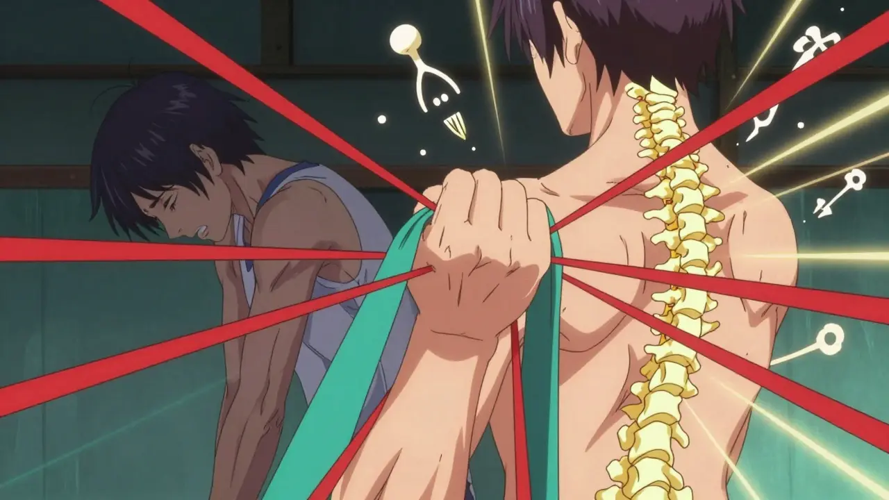 A hand using a resistance band with vibrant tension lines, flanked by before-and-after versions of the person’s posture.