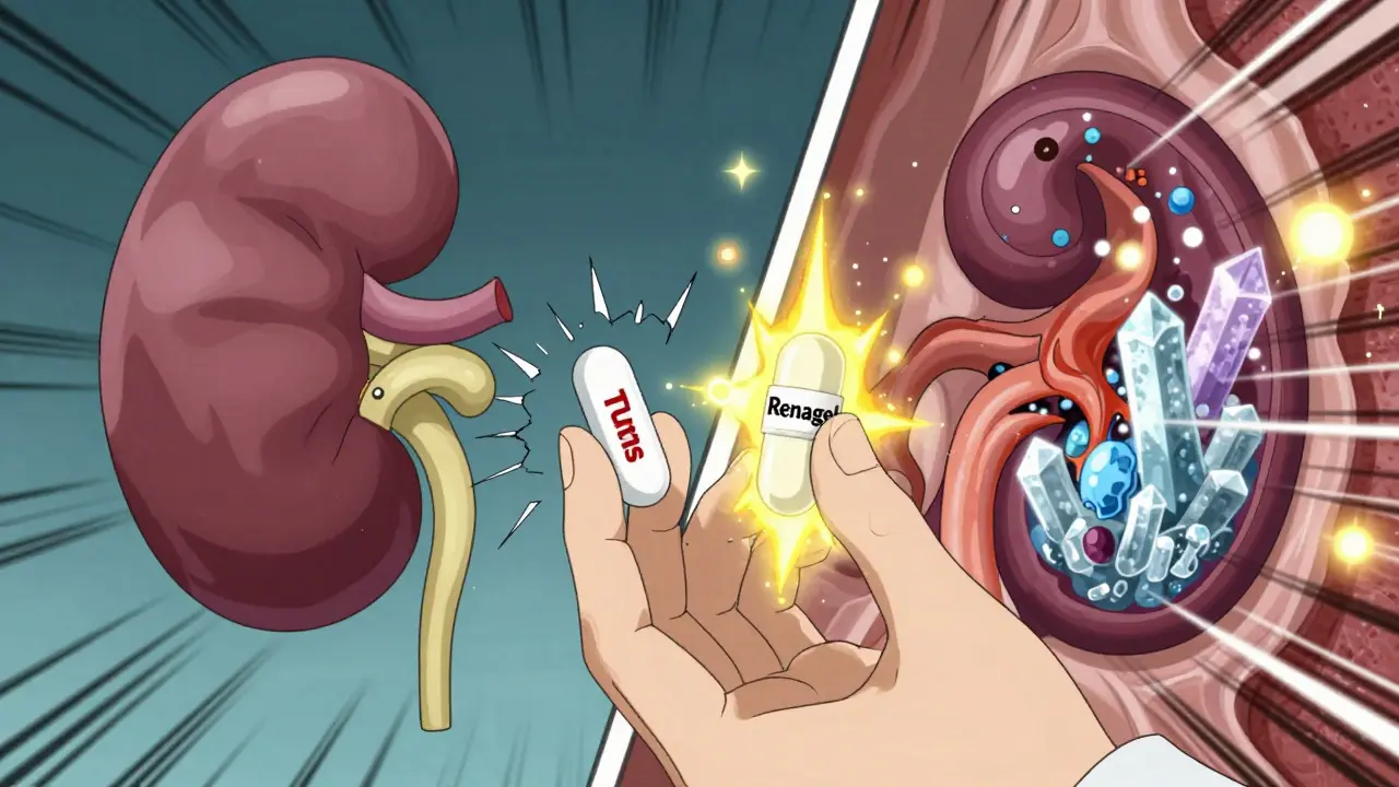 A nephrologist holding two pills — one cracked and dangerous, the other glowing safely — with a split view of healthy and failing kidneys.