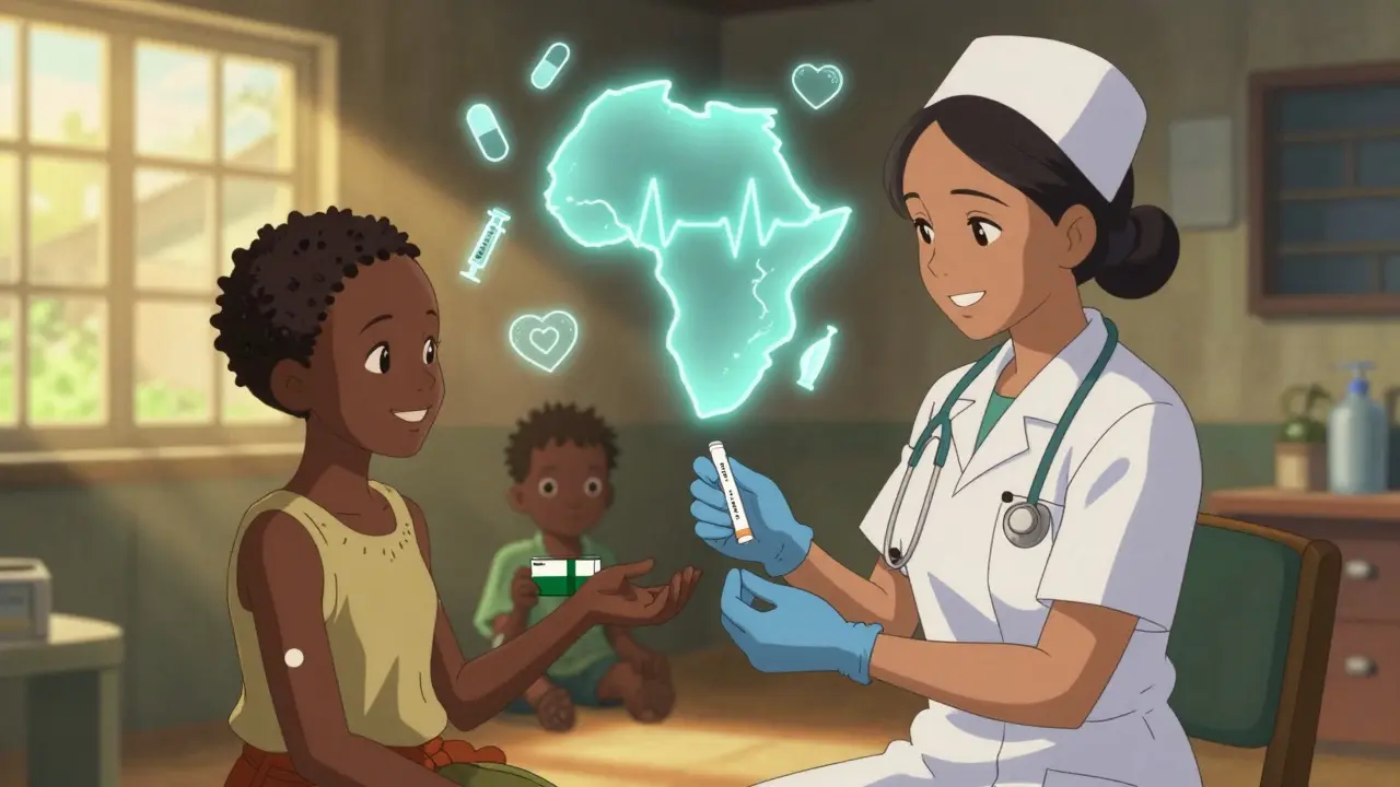 A nurse giving an HIV injection to a woman in a rural clinic, with a child getting tested using locally made diagnostics.