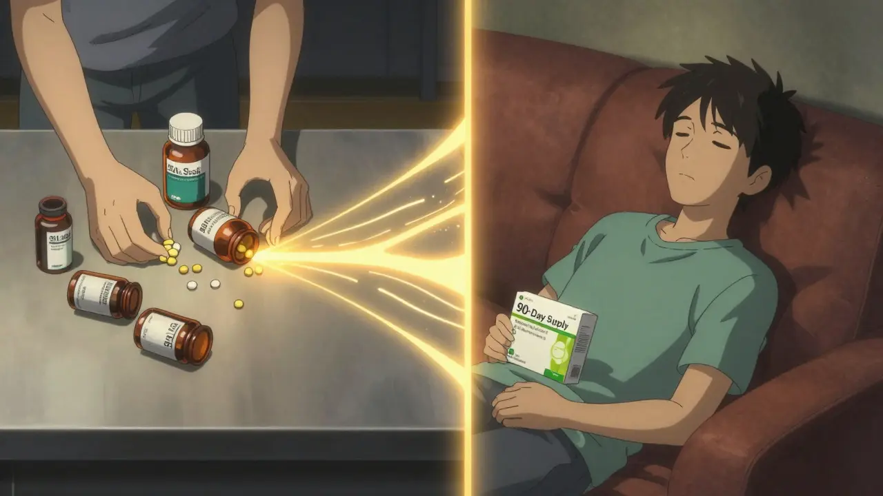 A split scene showing chaos of 30-day pills versus calm with one 90-day box, glowing with peace.