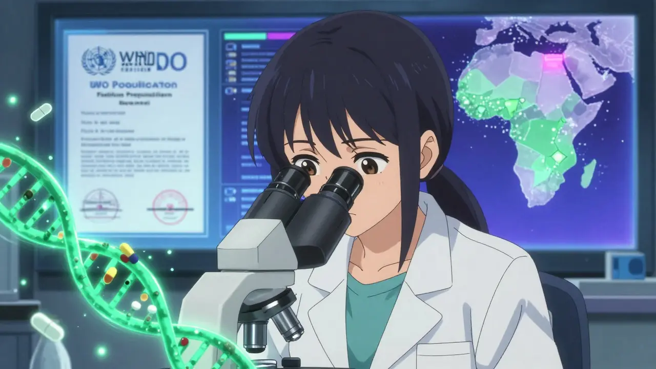 A technician in a lab examining TLD pill molecules with glowing data visuals and African manufacturing sites on a screen.