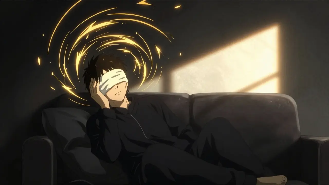 Figure hiding from light in dark room with glowing aura effects above.